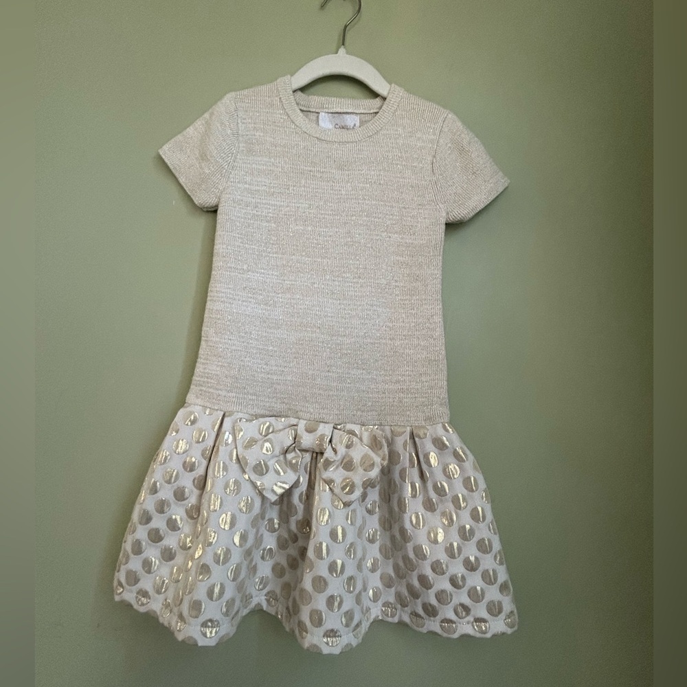 Camilla 5/6 drop waist dress. Knit top with gold thread. Gold dot skirt w/bow